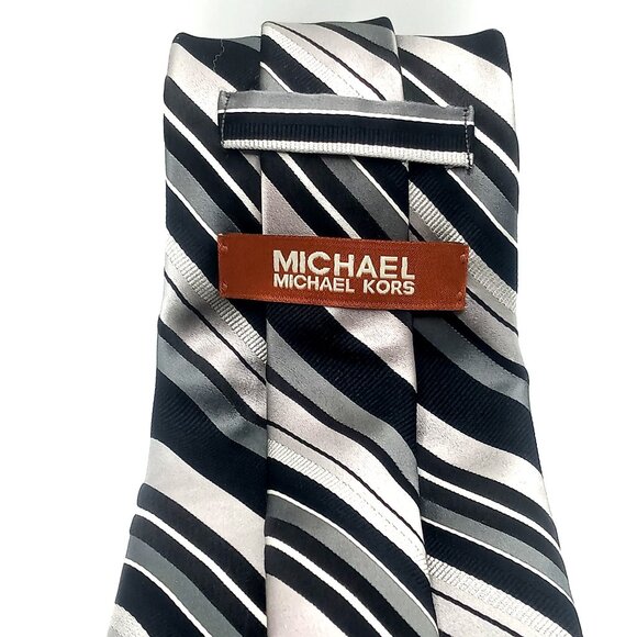 Michael Kors Men's Tie Black Gray White Diagonal Striped 100% Silk Necktie 59"L - Picture 6 of 11